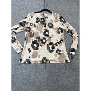 Calvin Klein Blouse Top Womens Large Beige Floral Classic Long Sleeve Round Neck